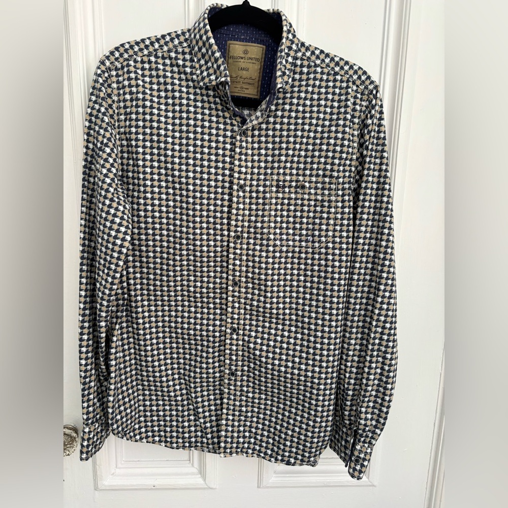 Fellows United Button Down Shirt Blue Beige Patterned Men’s Size Large